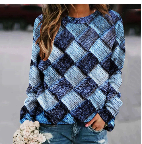 Printed Patchwork Round Neck Long Sleeve Women's Sweater