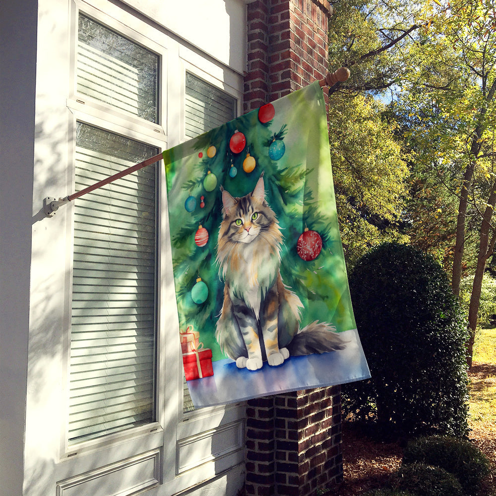 MaineCoon Cat By the Christmas Tree House Flag