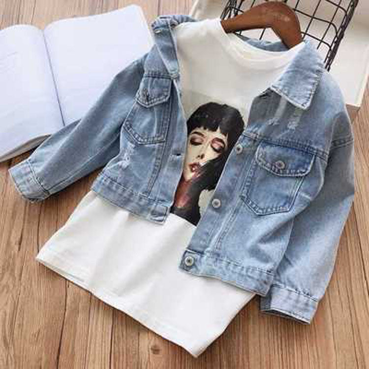 Korean Girl Denim Jacket with Floral Design