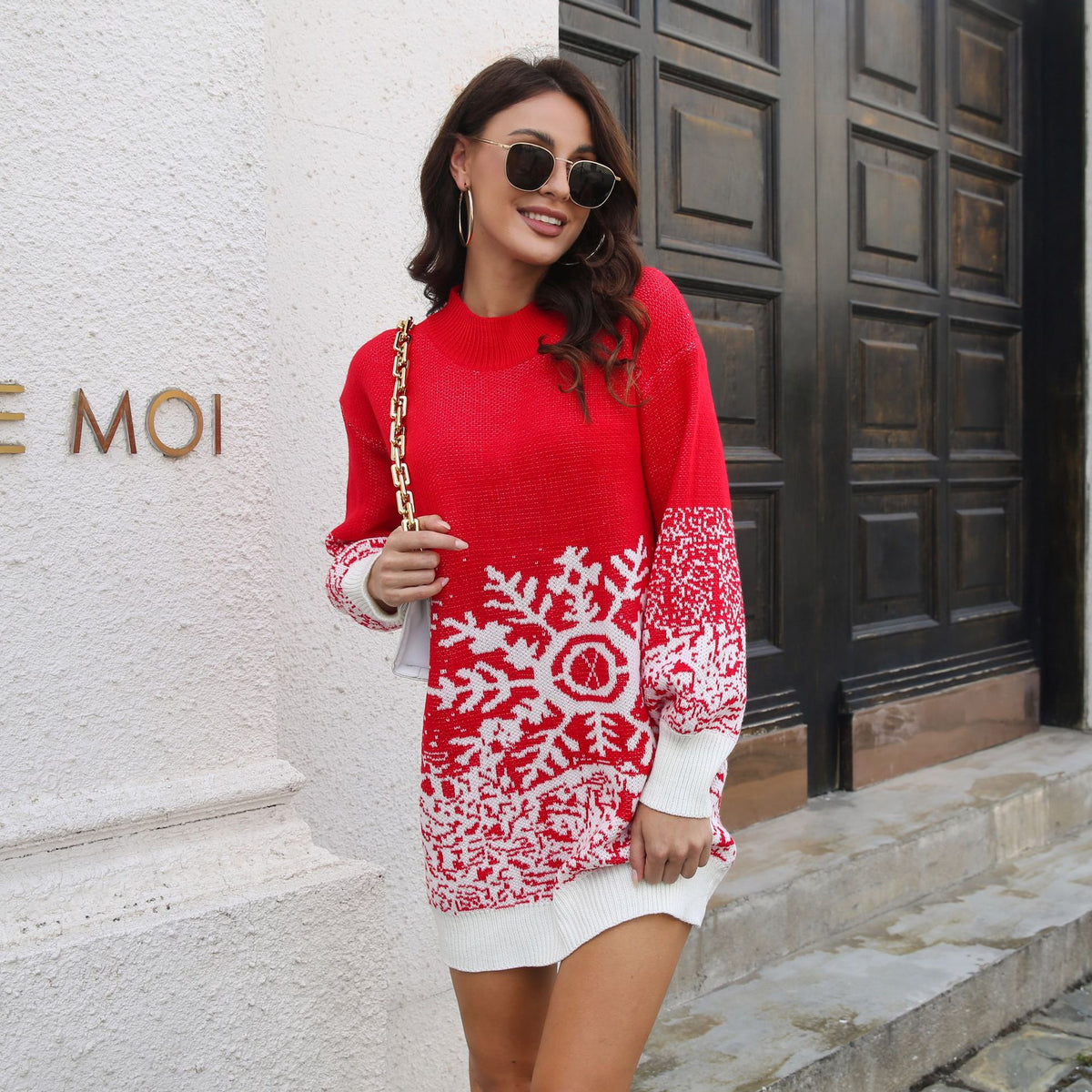 Christmas Sweater Dress with Lantern Sleeves for Women