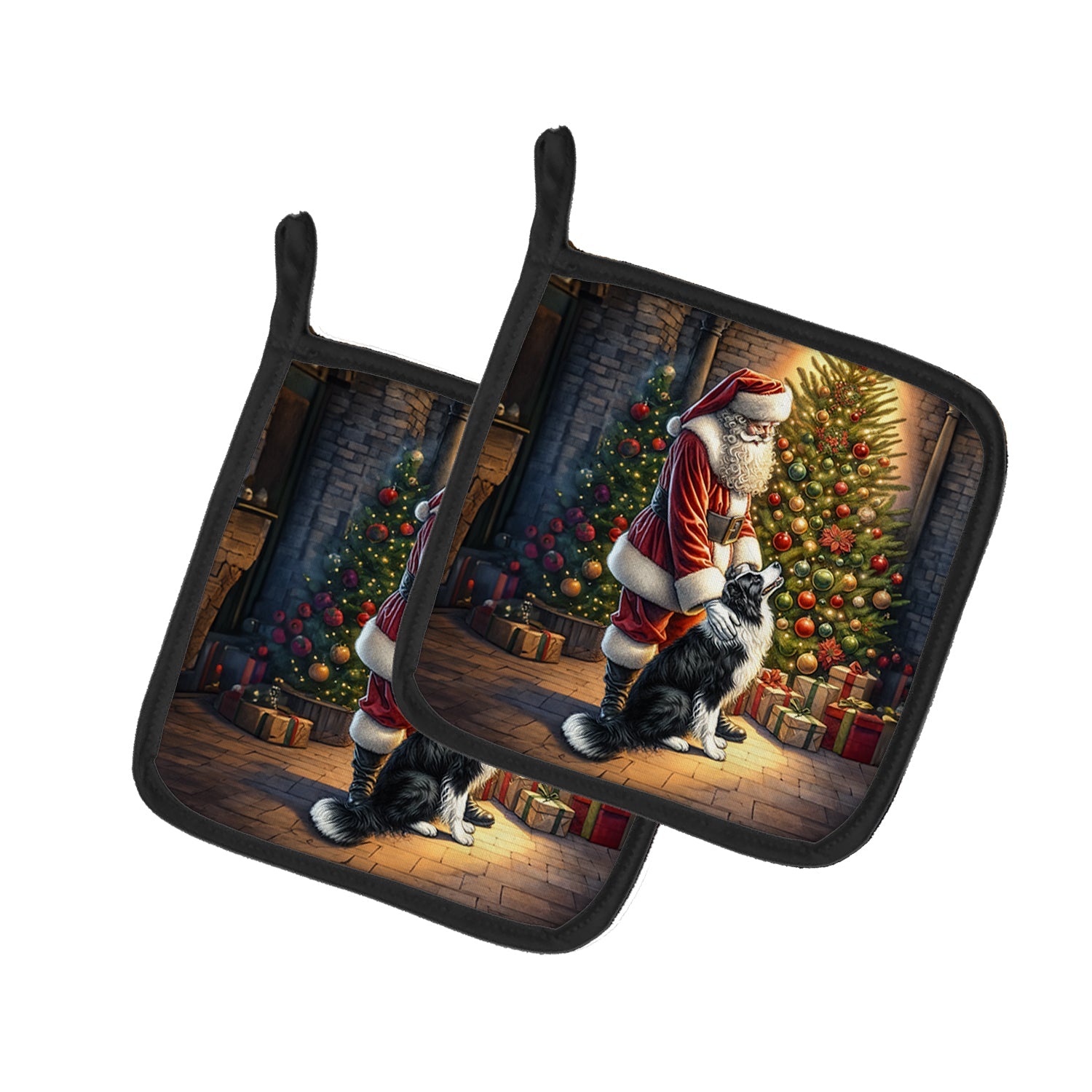 Border Collie and Santa Claus Pair of Pot Holders