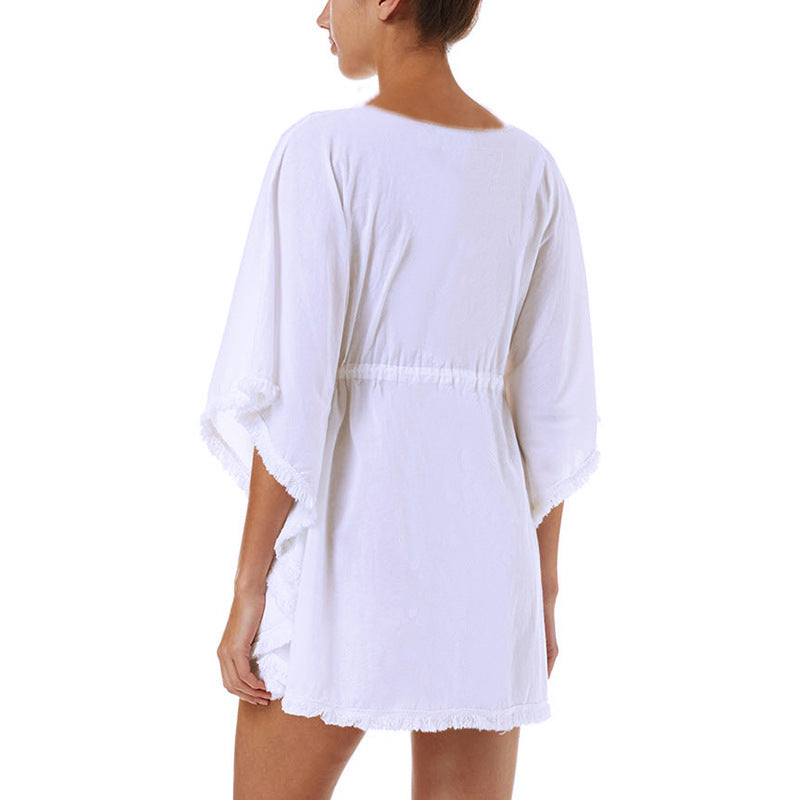 Loose V-Neck Embroidered Beach Cover-Up for Women