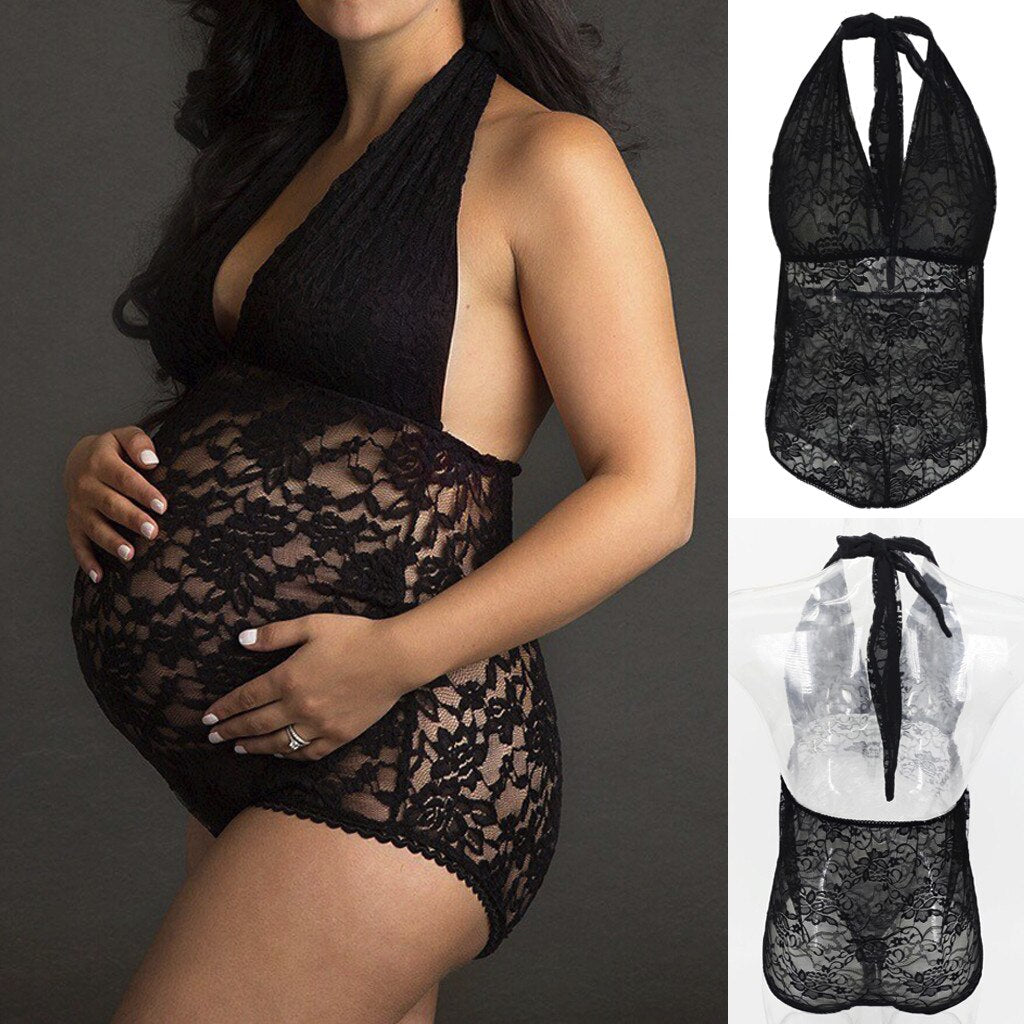 Lace Backless Maternity Bodysuit with Adjustable Straps