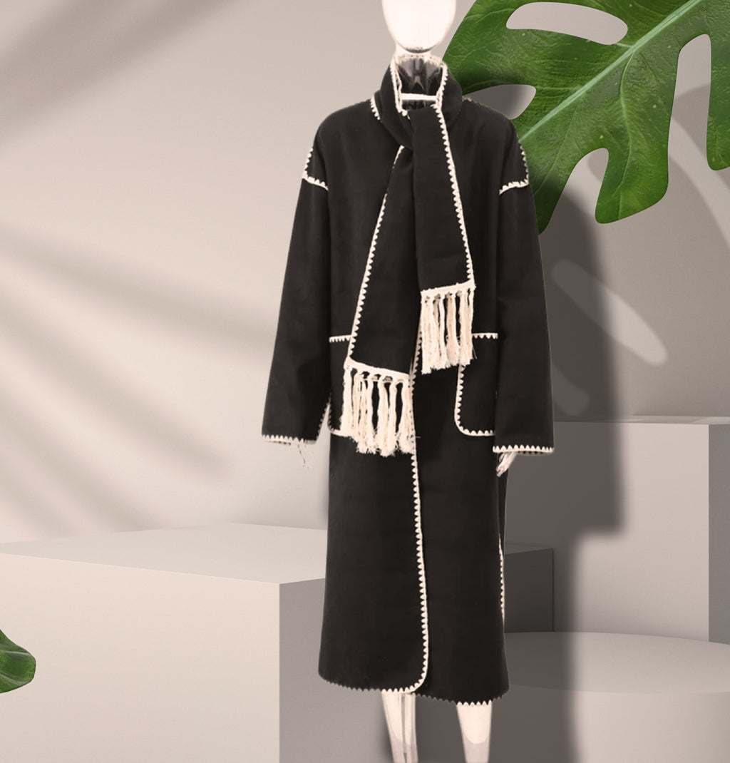 Women's Woolen Coat with Tassel Lace Detail