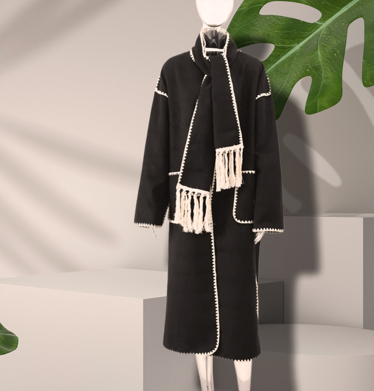 Women's Woolen Coat with Tassel Lace Detail