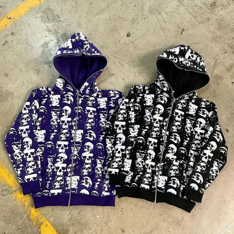 Skull Printed Zipper Street Hoodie | Streetwear