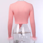 Tie-Front Long-Sleeve Crop Top with Feather Cuffs