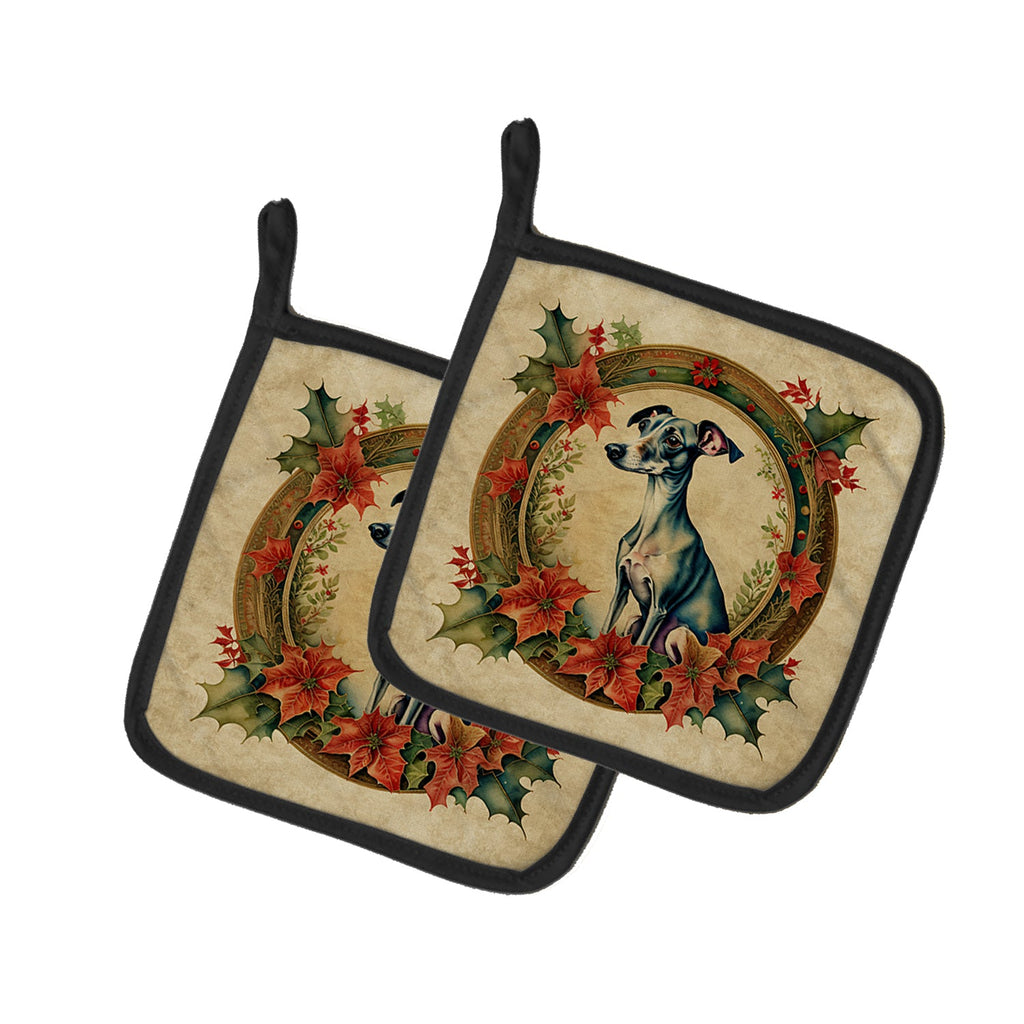 Italian Greyhound Christmas Flowers Pair of Pot Holders