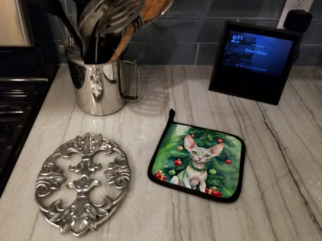 Minskin Cat By the Christmas Tree Pair of Pot Holders