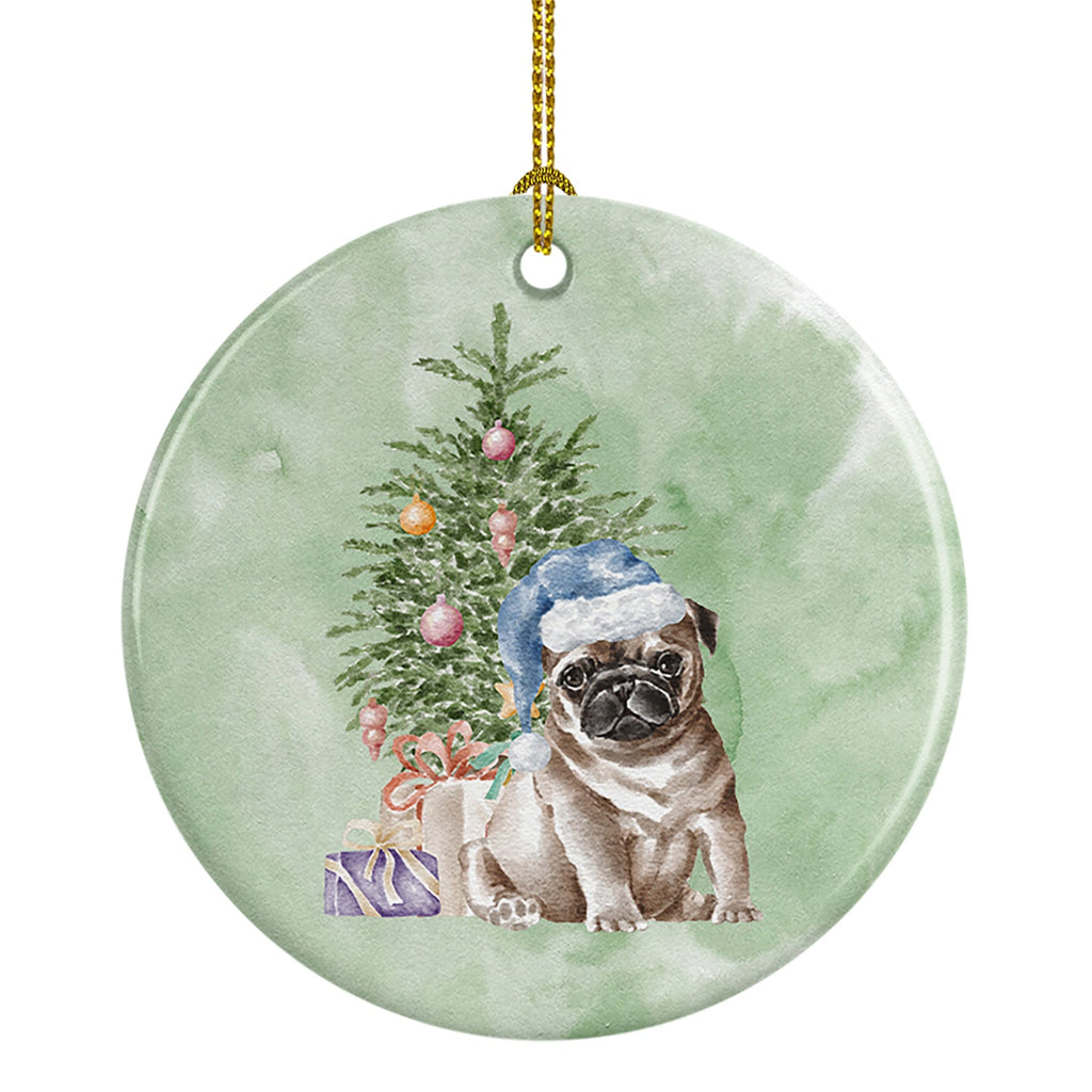 Pug Fawn Puppy Christmas Presents and Tree Ceramic Ornament