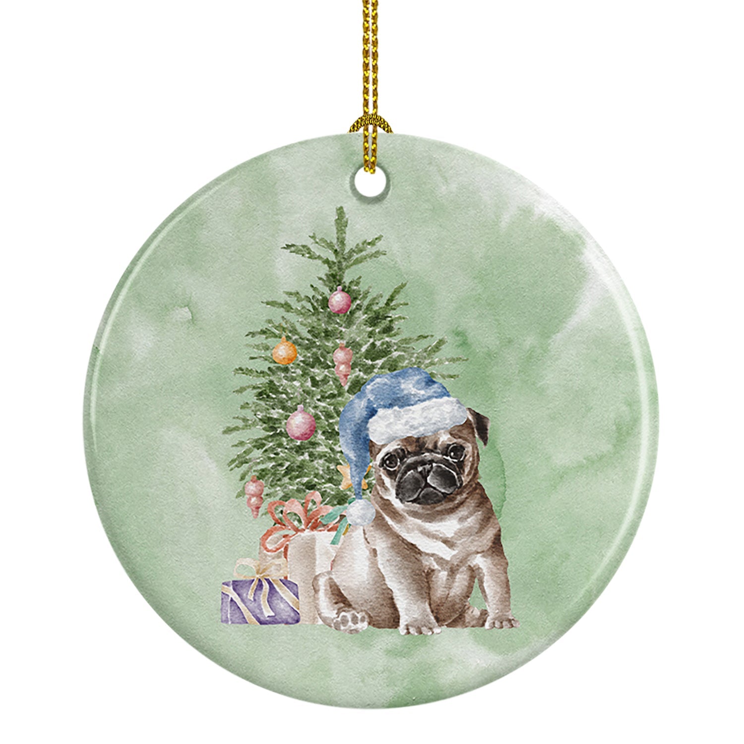 Pug Fawn Puppy Christmas Presents and Tree Ceramic Ornament
