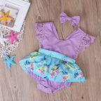 Summer Floral Lace Back Bodysuit Dress for Baby Girls