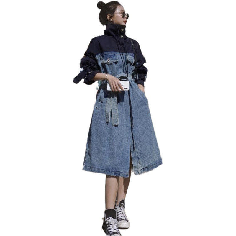 Long Denim Patchwork Dress Windbreaker for Fashionistas