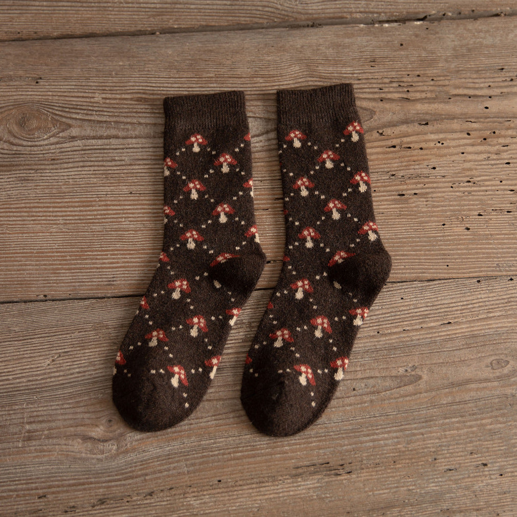 Thickened Brown Women's Wool Socks with Mushroom Design
