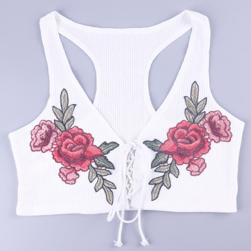 Embroidered V-Neck Tank Top with Tie Detail