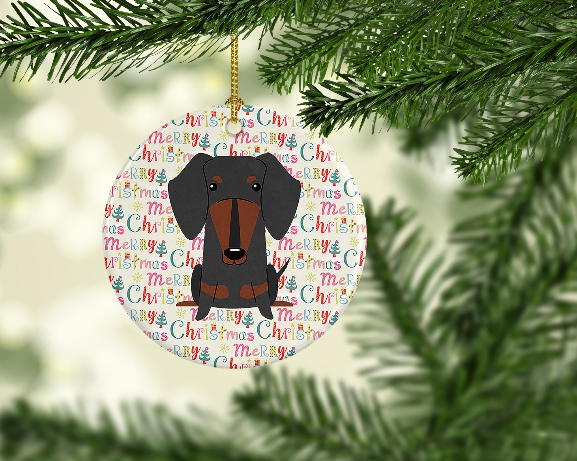 Merry Christmas Dachshund Black Tan Ceramic Ornament
