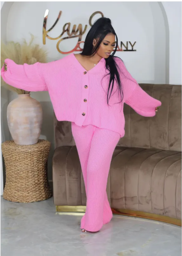 V-Neck Double-Breasted Sweater Cardigan & Wide-Leg Trousers Set