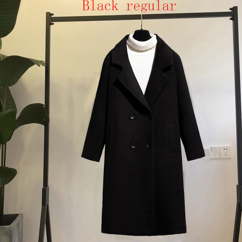 Women's Loose Black Woolen Fashion Coat