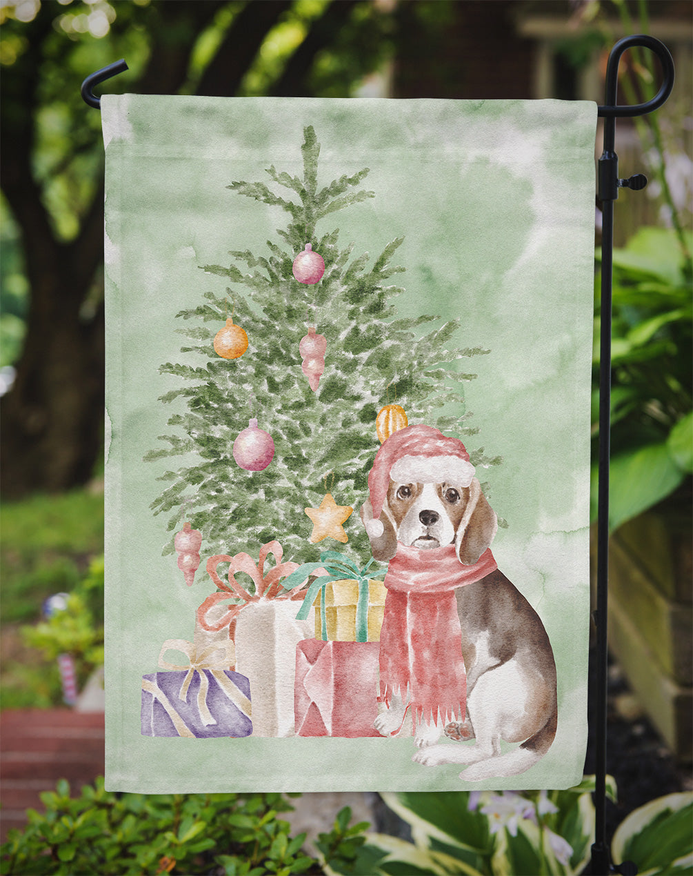 Beagle Puppy Christmas Presents and Tree Garden Flag