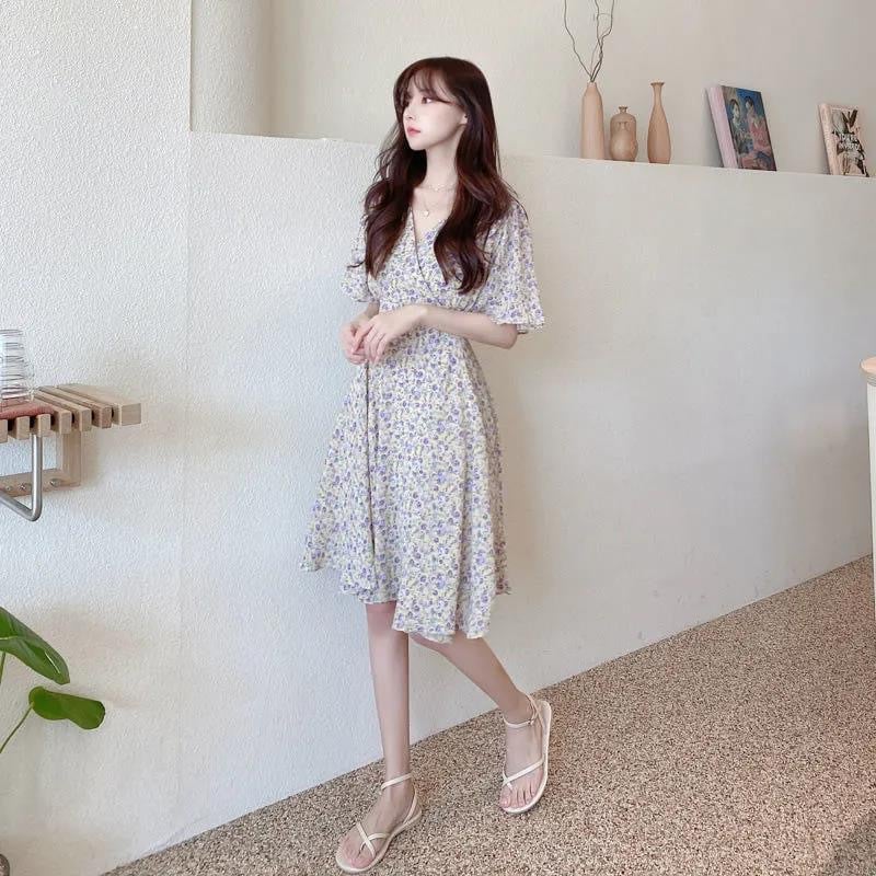 Floral Chiffon Dress for Women with Short Sleeves