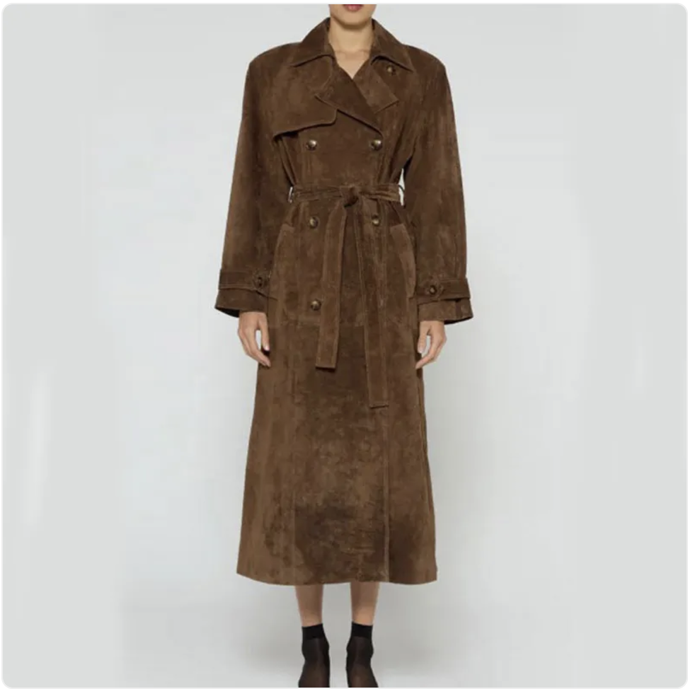 Women's Vintage Double-Breasted Suede Long Coat with Belt