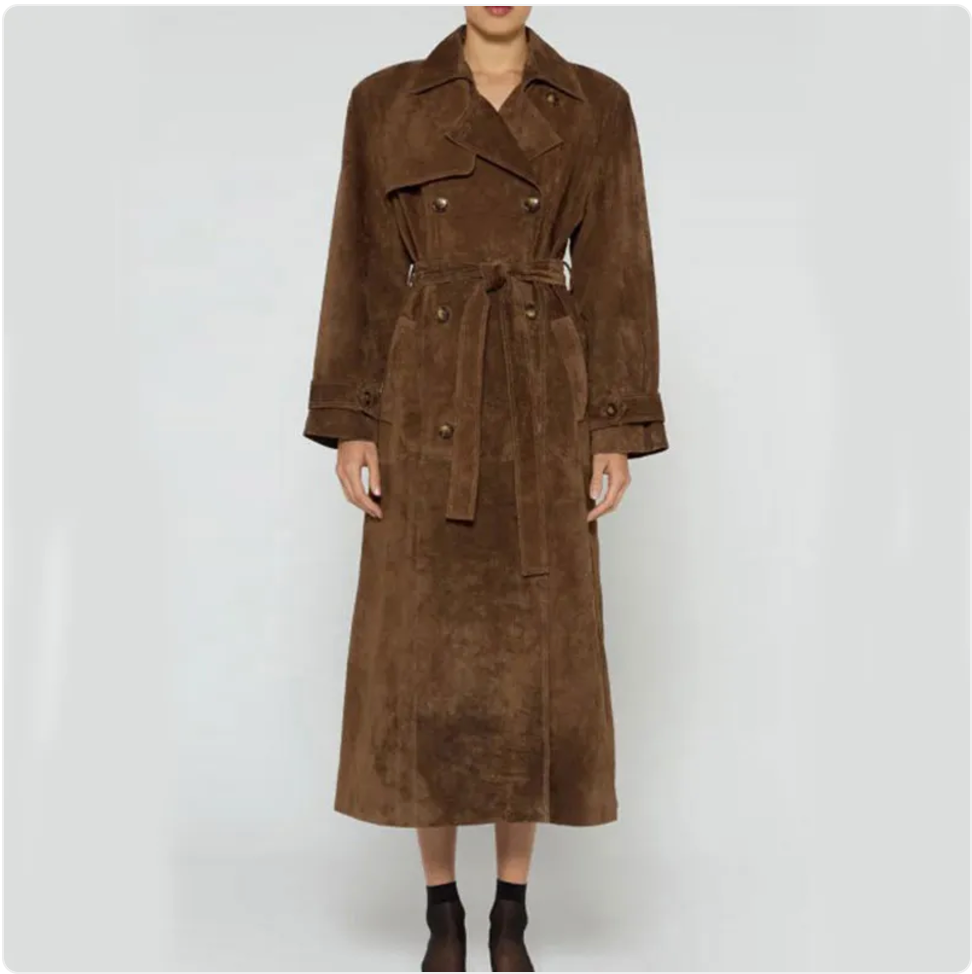 Women's Vintage Double-Breasted Suede Long Coat with Belt
