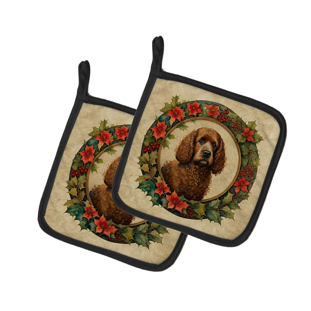 Irish Water Spaniel Christmas Flowers Pair of Pot Holders