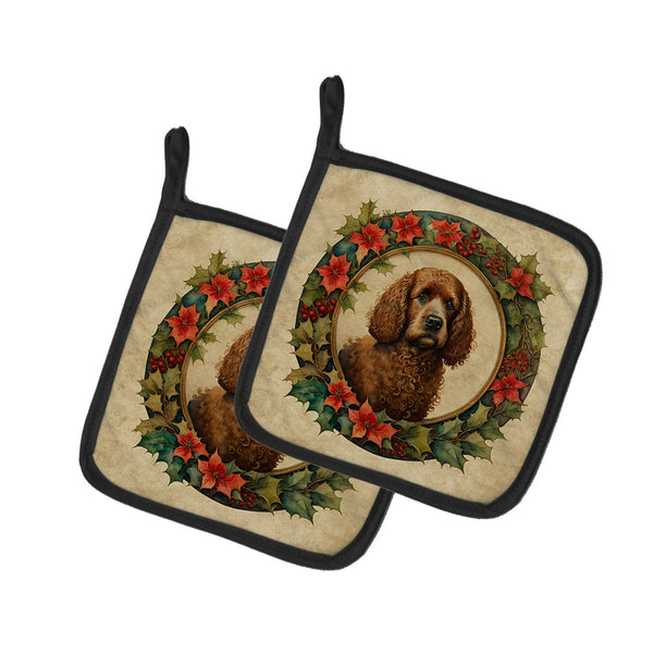 Irish Water Spaniel Christmas Flowers Pair of Pot Holders