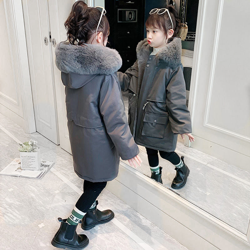 Girls' Hooded Fleece Lined Padded Cotton Coat