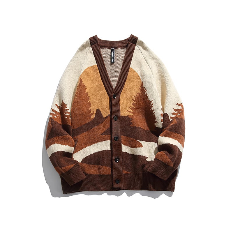 Men's V-neck Cardigan with Forest Landscape Print