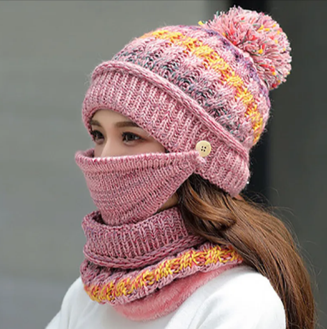 Winter Knitted Hat, Mask & Scarf Set | Embroidered Cap