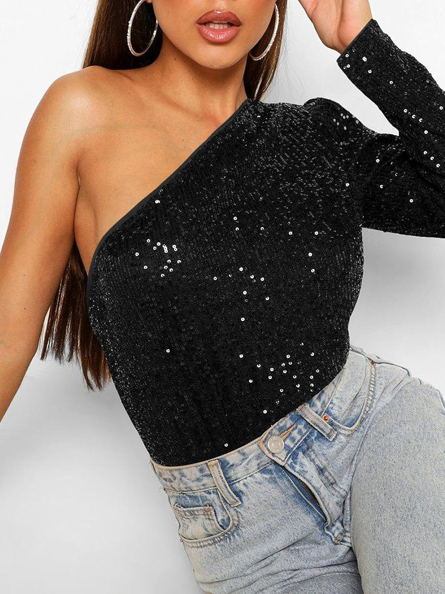 Women's Summer One-Shoulder Sequin Playsuit Bodysuit