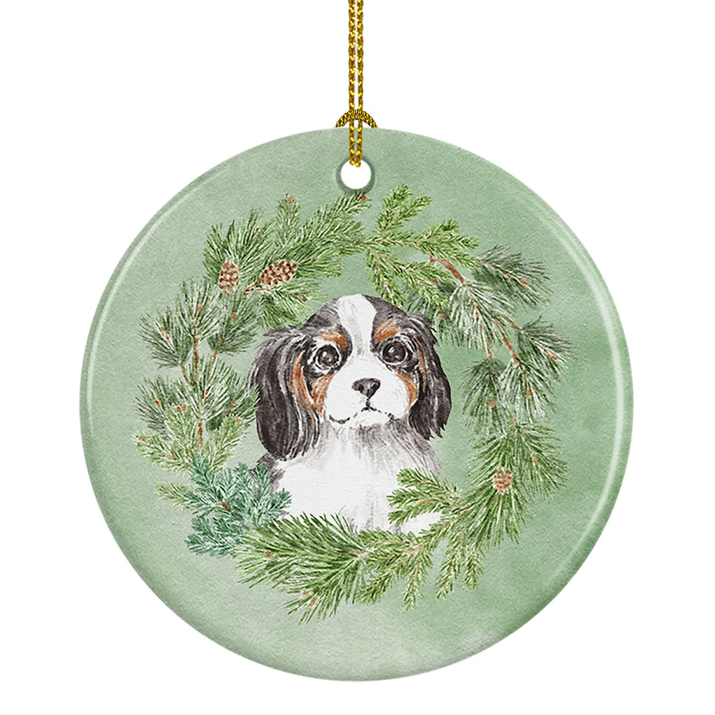 Cavalier Spaniel Puppy Tricolor Christmas Wreath Ceramic Ornament