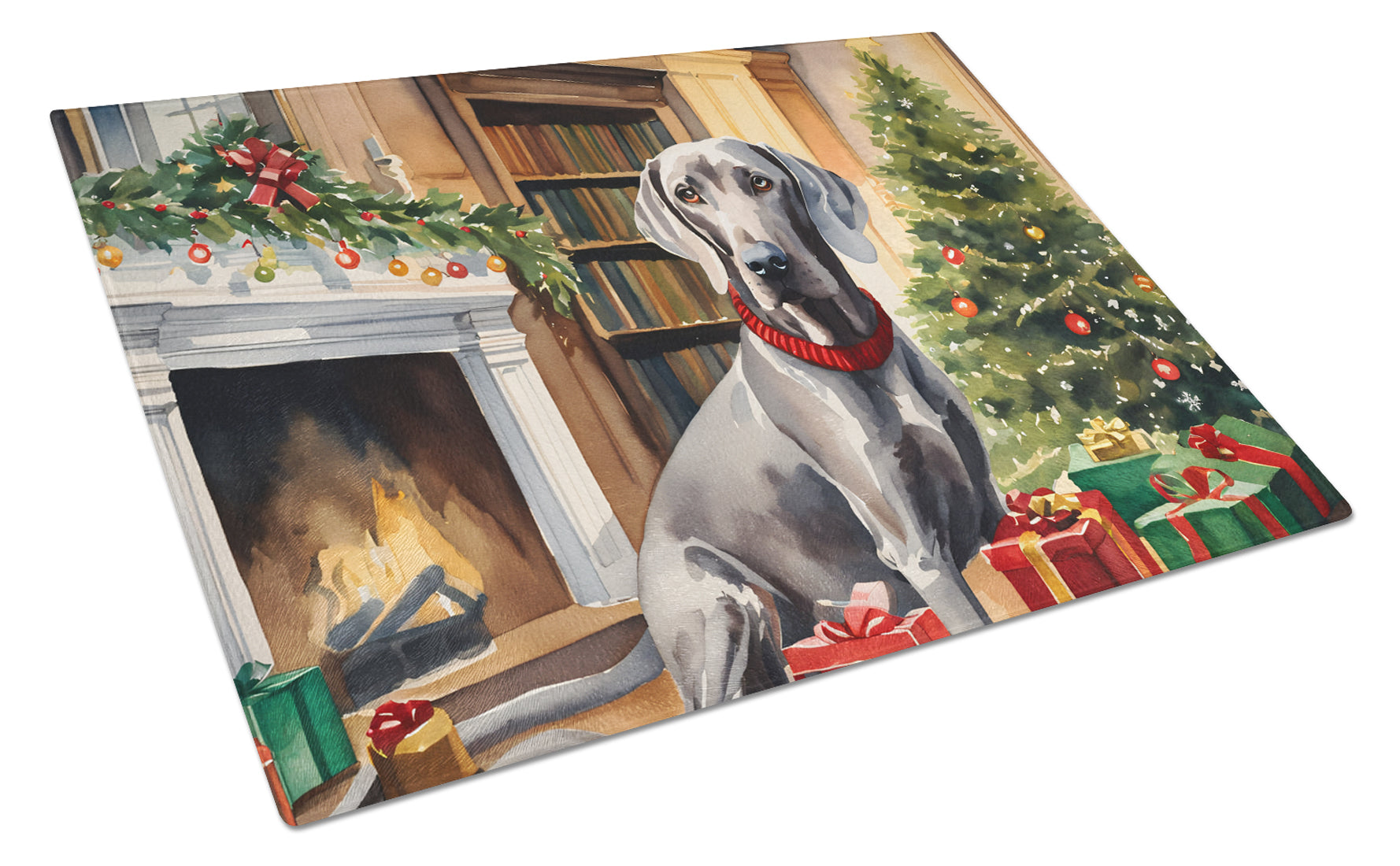 Weimaraner Cozy Christmas Glass Cutting Board