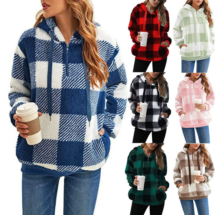 Women's Plaid Long-sleeved Hooded Plush Sweater