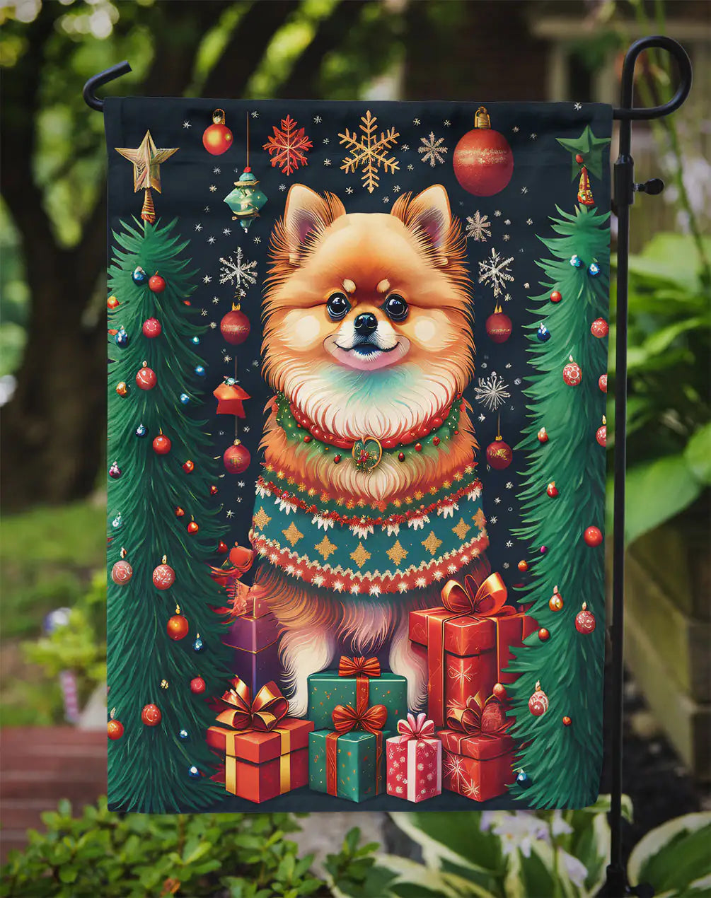 Pomeranian Holiday Christmas Garden Flag