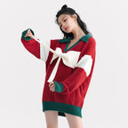 Cute Red Bow Knitted Top for Women - Christmas Style