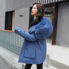 Oversized Fur Collar Plus Velvet Cotton Coat for Women