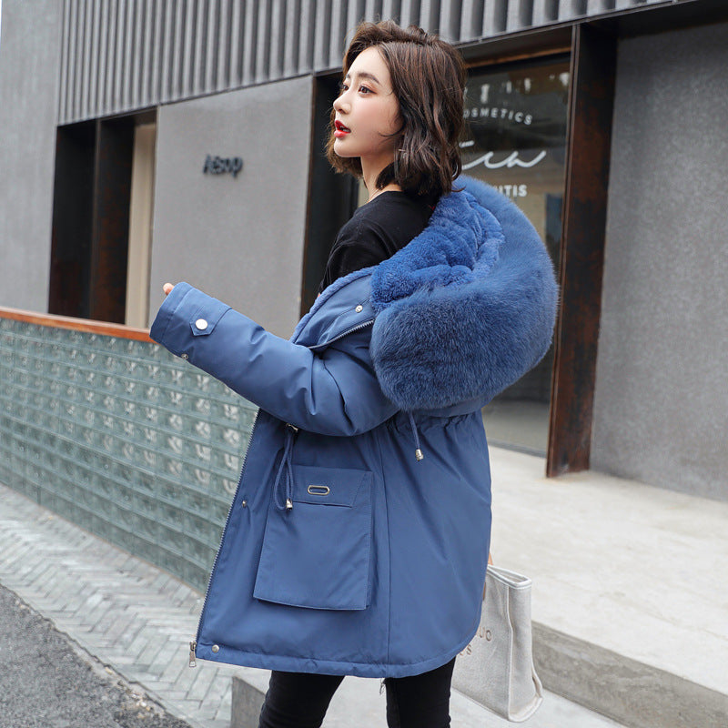 Oversized Fur Collar Plus Velvet Cotton Coat for Women