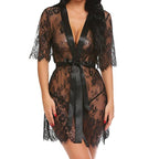 Lace Deep V-Neck Robe with Tie, Lingerie Nightgown