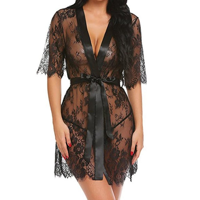 Lace Deep V-Neck Robe with Tie, Lingerie Nightgown