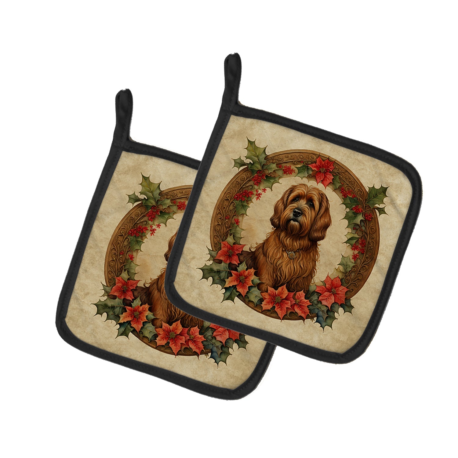 Briard Christmas Flowers Pair of Pot Holders