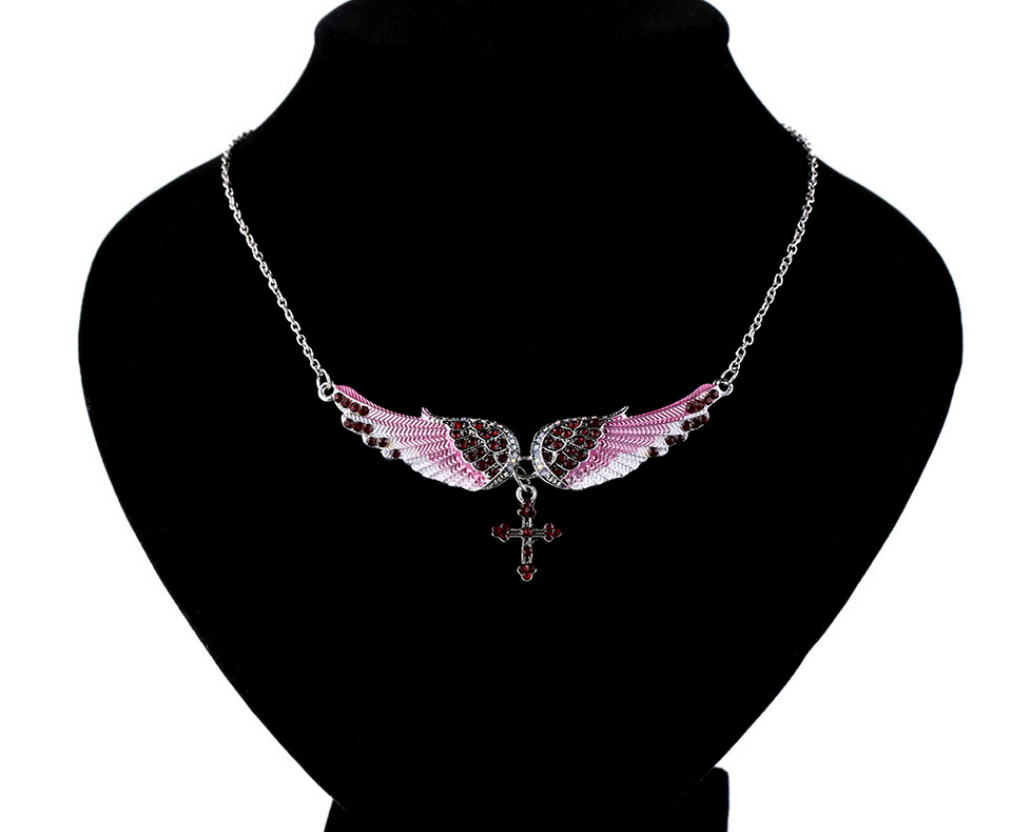 Angel Wings Cross Pendant Necklace with Crystals