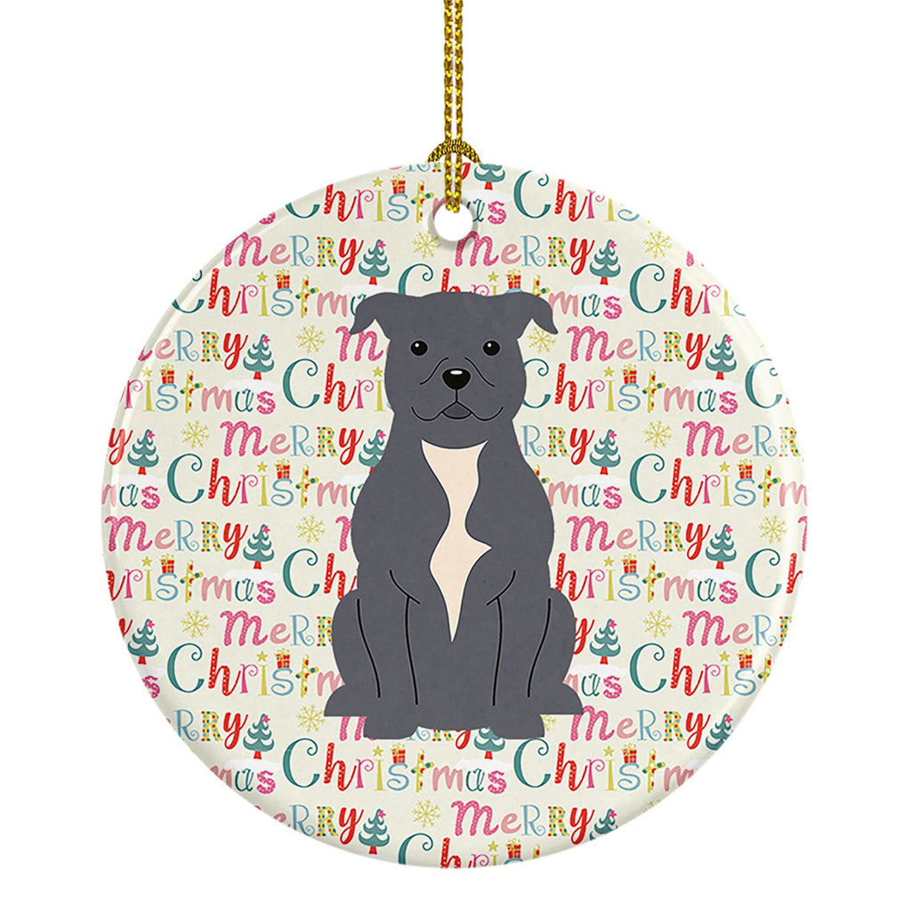 Merry Christmas Staffordshire Bull Terrier Blue Ceramic Ornament
