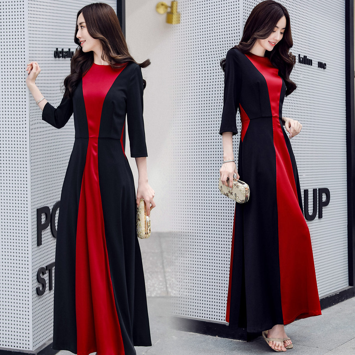 Floral Round Neck Color Block H-Line Dress