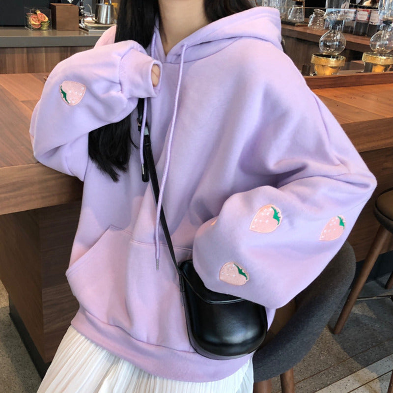 Embroidered Strawberry Fleece Hoodie for Girls | Streetwear