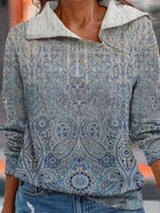 Women's Digital Print Zippered Loose Sweater