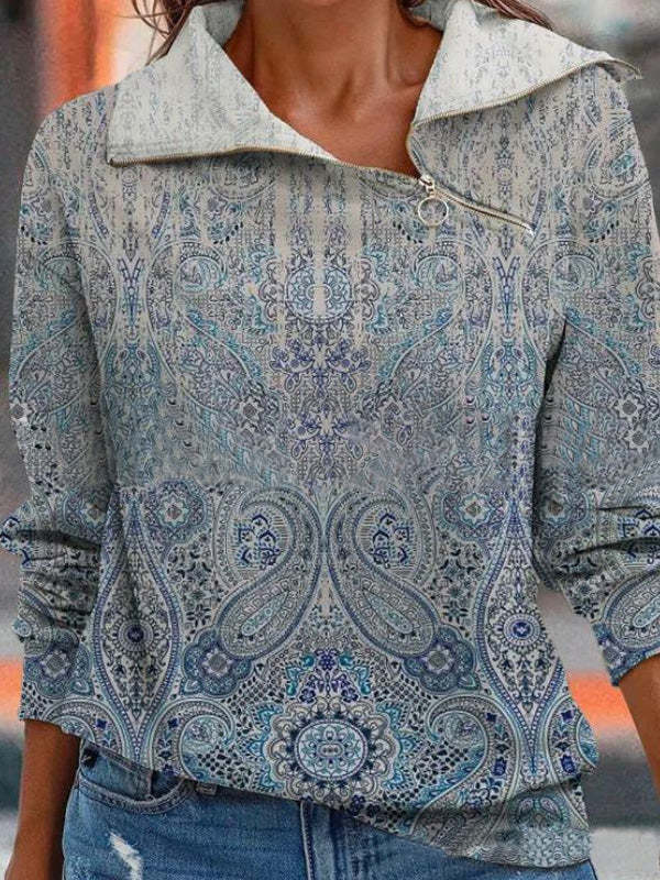 Women's Digital Print Zippered Loose Sweater