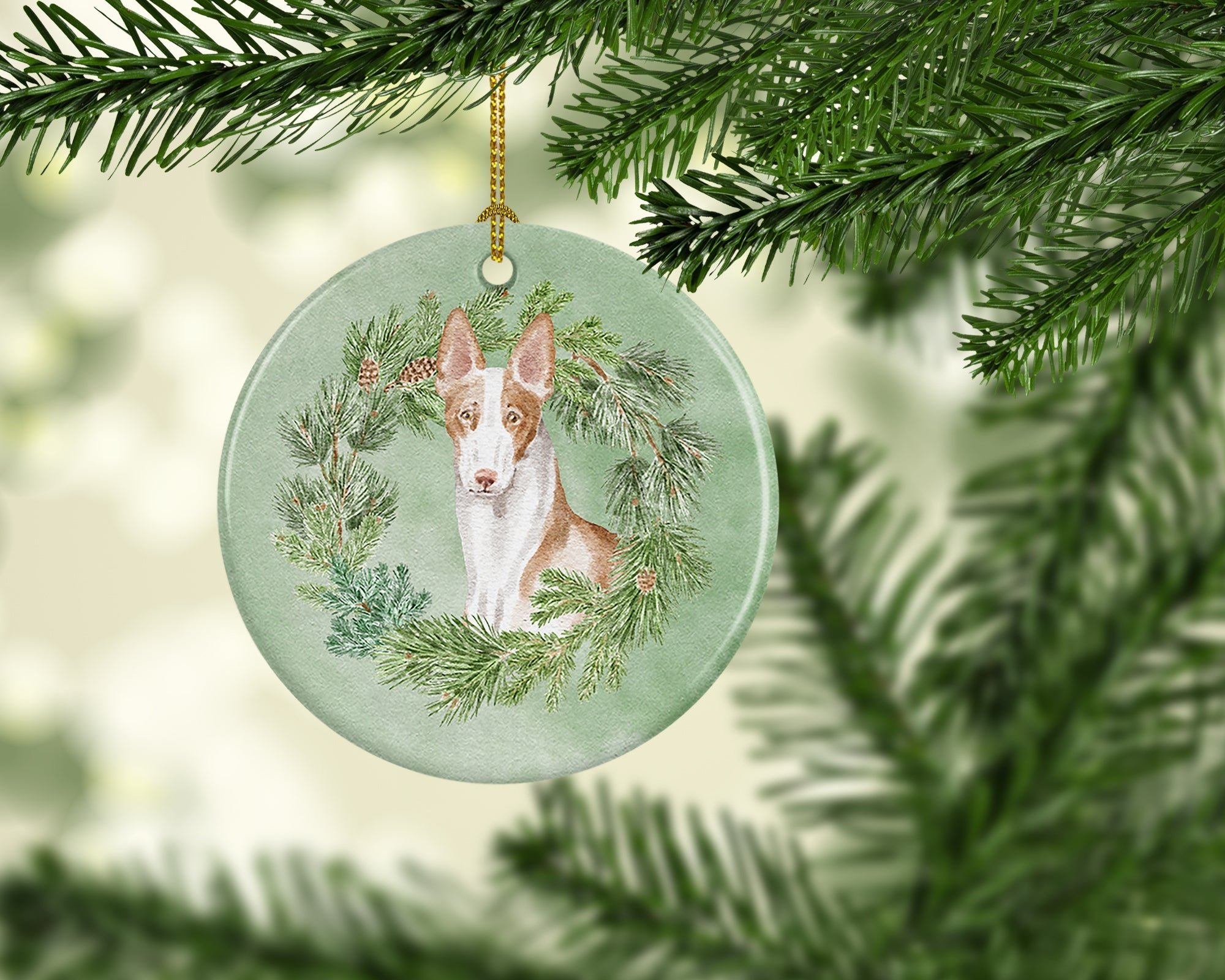 Ibizan Hound Sitting Tall Christmas Wreath Ceramic Ornament