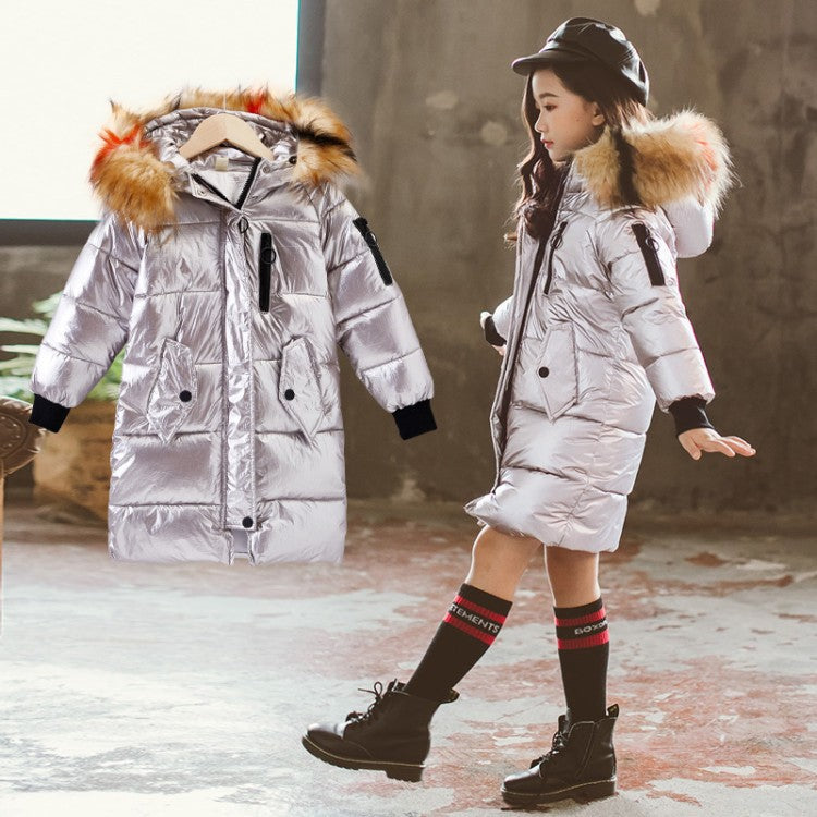 Children's Shiny Large Fur Collar Cotton Coat